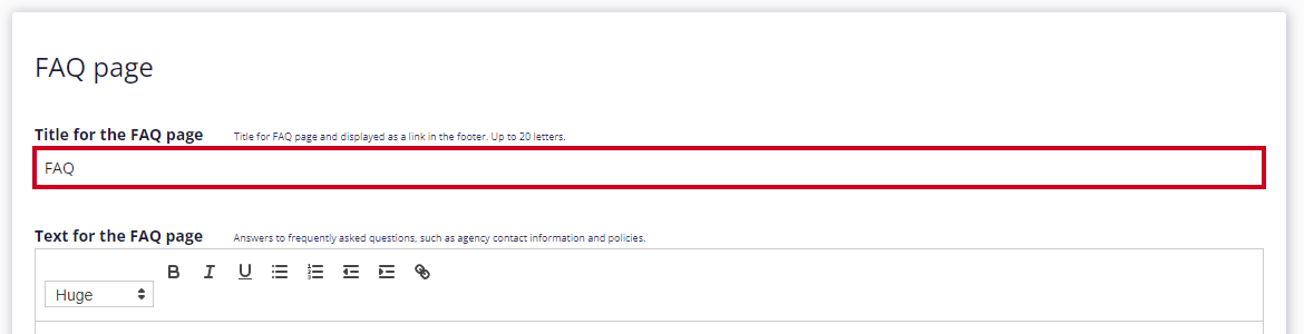 The 'Title for the FAQ page' text field is highlighted below the FAQ page title in the Portal Settings. Entered as the title is 'FAQ'.