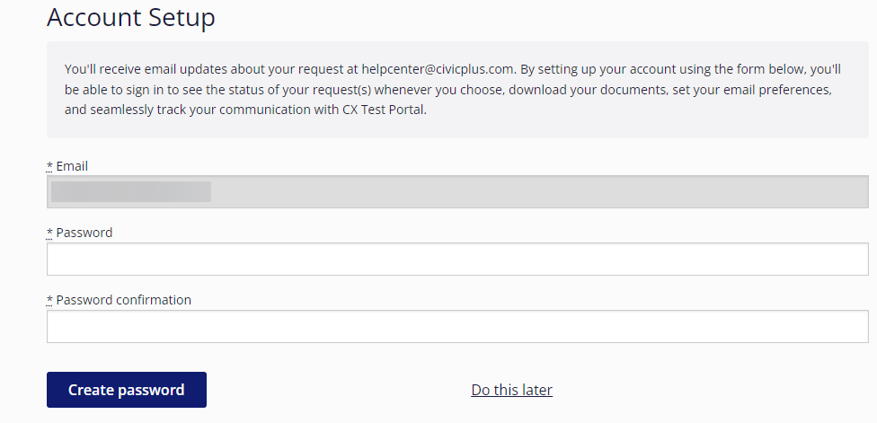 account setup screen with email and password fields.