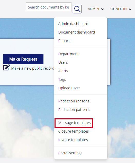 The Portal Settings option is highlighted on the Admin drop-down menu.