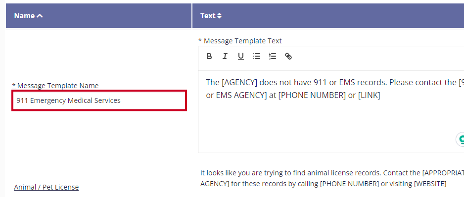 The Message Template Name is highlighted in the table's name column. The name is currently set to '911 Emergency Medical Services'.