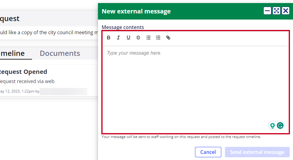 message contents textbox in pop-up on right side of screen.