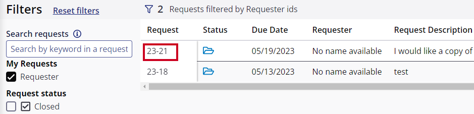 The Request column on the All Requests table lists the request's number as a clickable link that can be used to open a more detailed display of the request.