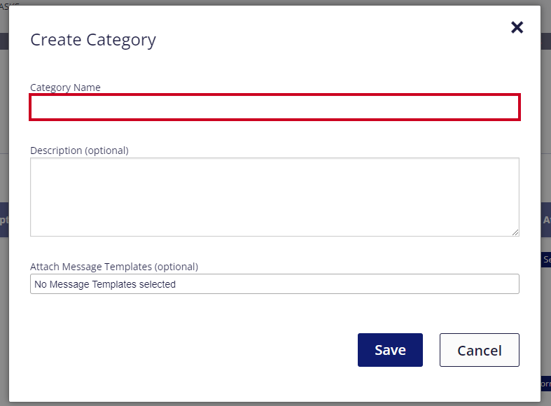 On the Create Category pop-up window, a text entry field is highlighted below the field's label of 'Name'.