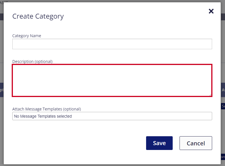 On the Create Category pop-up window, a text editor is highlighted below the field's label of 'Description optional'. Above the text entry field, are several formatting options: 'Bold', 'Italic', 'Underline', 'Bulleted List', and 'Link'.
