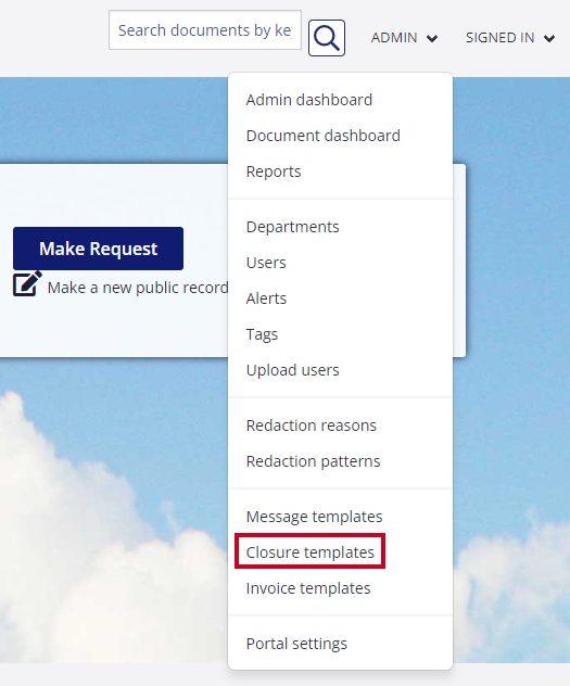 The Closure Templates option is highlighted on the Admin drop-down menu.