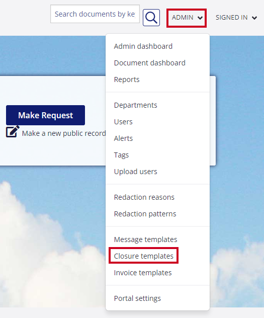 The Closure Templates option is highlighted on the Admin drop-down menu.