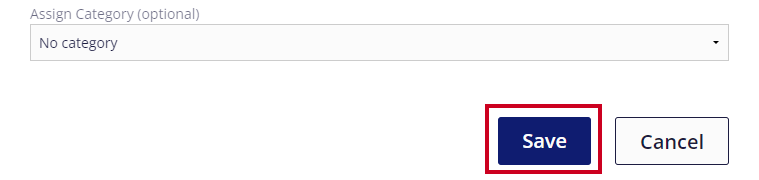 The rectangular, blue Save button is highlighted below the Assign Category drop-down menu.