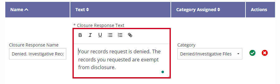 The Closure Response Text editor is highlighted in the table's text column.