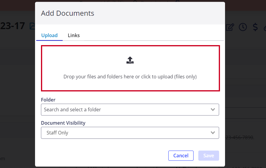 drop your files and folders or click to upload box.