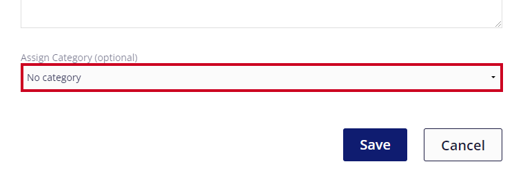 On the Create Alert pop-up window, the optional Assign Category drop-down menu is highlighted above the Save button. There is no category assigned.