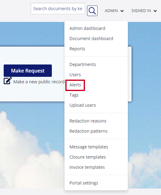The Alerts option is highlighted on the Admin drop-down menu.