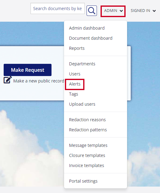 The Alerts option is highlighted on the Admin drop-down menu.