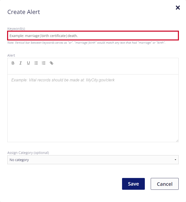 On the Create Alert pop-up window, a text entry field is highlighted below the field's label of 'Keywords'.