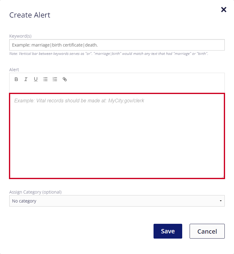 On the Create Alert pop-up window, a text editor is highlighted below the field's label of Text'.