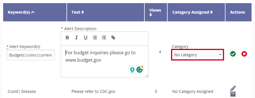 The Category drop-down menu is highlighted in the table's Category Assigned column.