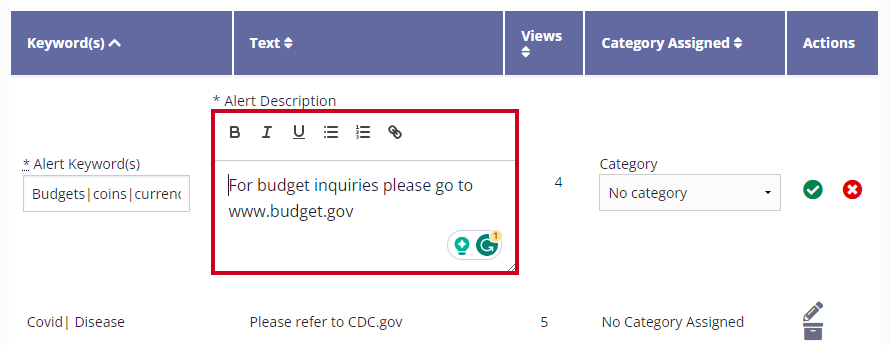 The Category Description text editor is highlighted in the table's text column.
