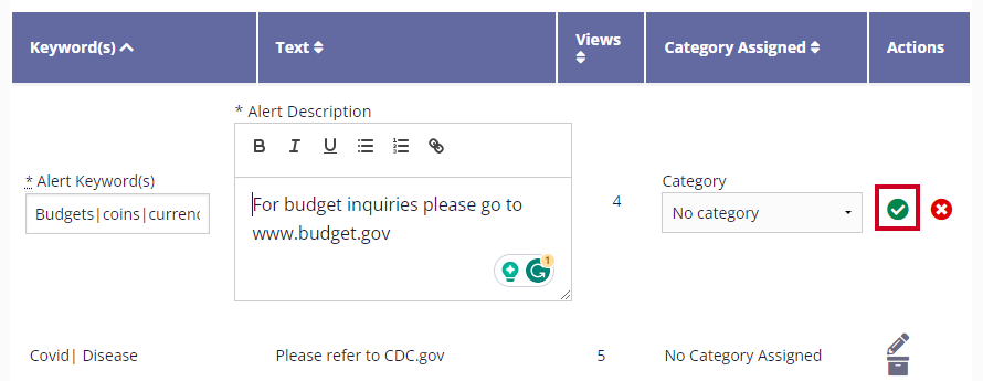 The Save button, a green circular icon with a check mark is highlighted next to the Alert's category.