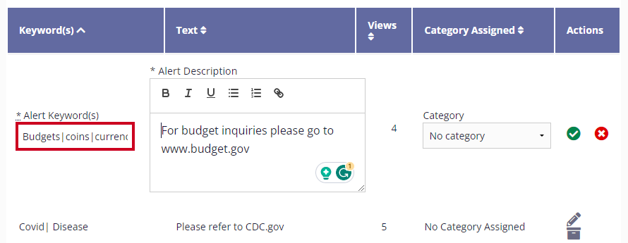 The Alert Keyword is highlighted in the table's Keywords column. The name is currently set to 'Budget|Coins|Currency'.