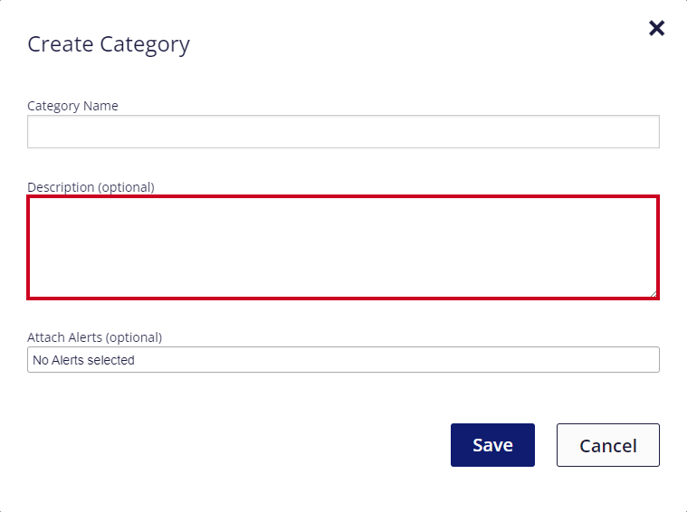 On the Create Category pop-up window, a text editor is highlighted below the field's label of 'Description optional'.