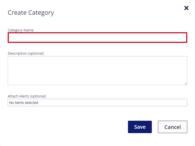On the Create Category pop-up window, a text entry field is highlighted below the field's label of 'Name'.