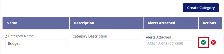 The Save button, a green circular icon with a check mark is highlighted next to the attached alerts.