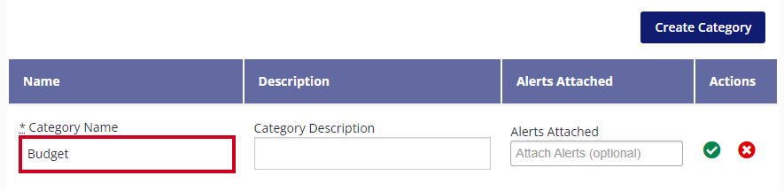 The Category's Name text field is highlighted in the table's name column. The name is currently set to 'Budget'.