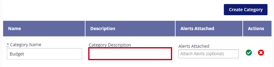 The Category Description is highlighted in the table's description column. The field is currently has no displayed text.