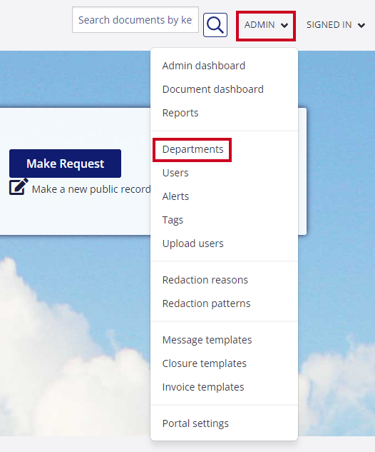 The Departments option is highlighted on the Admin drop-down menu.