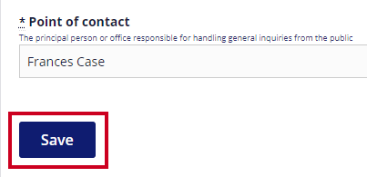 The rectangular, blue Save button is highlighted below the Point of Contact drop-down menu.