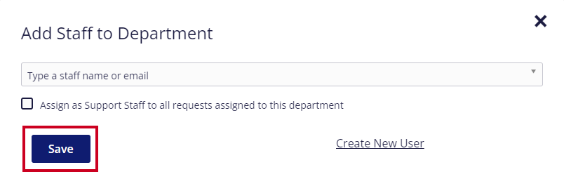 The rectangular, blue Save button is highlighted in the lower-left corner of the 'Add Staff to Department' pop-up window.