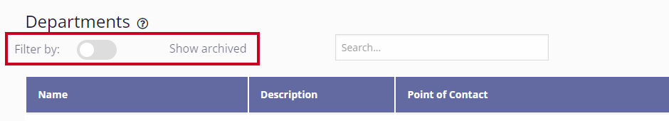 Below the 'Departments' heading, in light grey text that reads 'Filter by' 'Show archived' with a toggle is highlighted.