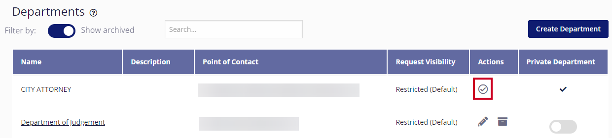 The Restore Department button (a circle with a check mark) is highlighted in the Department table's Actions column.