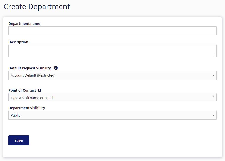 The Create Department page's information entry fields.