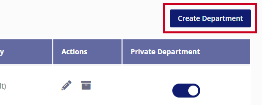 The rectangular, blue Create Department button is highlighted to the upper-right of the list of departments.