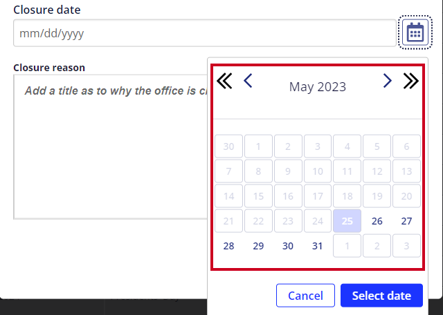 The calendar button opens an interactive calendar to select a date. The month shown is May 2023.