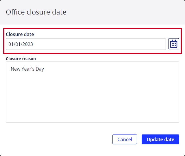 The Closure Date entry options are highlighted on the 'Office Closure Date' pop-up window. The current closure date is 01/01/2023.