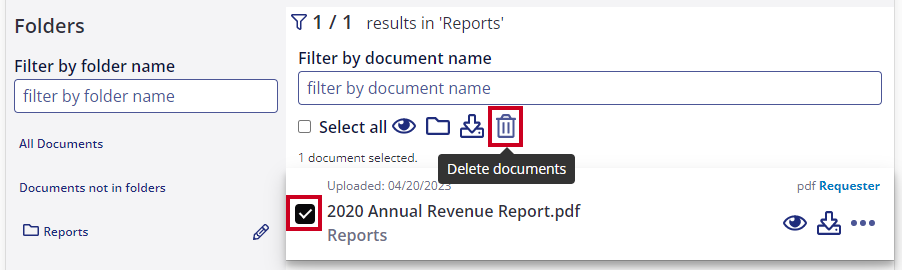 checkbox next to documents and trashcan icon.