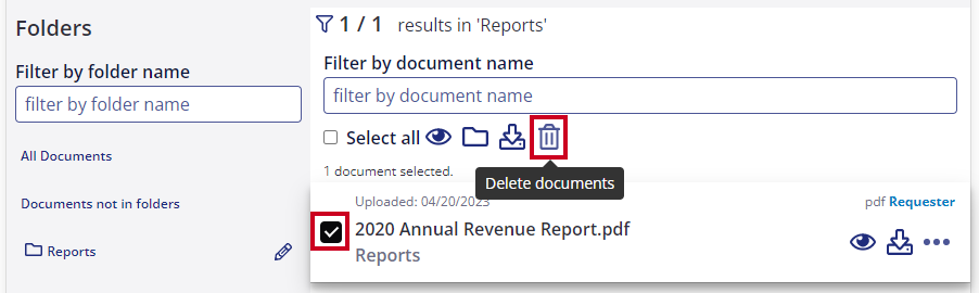 Checkbox next to documents and trashcan icon.