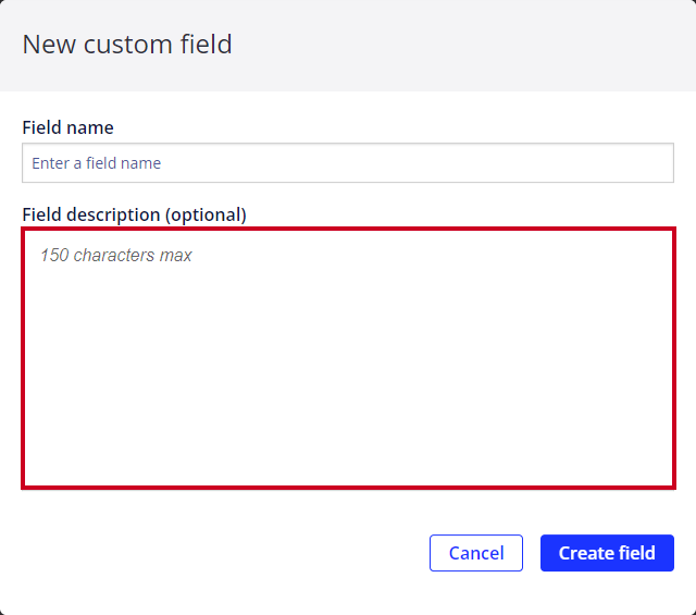 The optional 'Field Description' text field is highlighted on the 'New Custom Field' pop-up window.