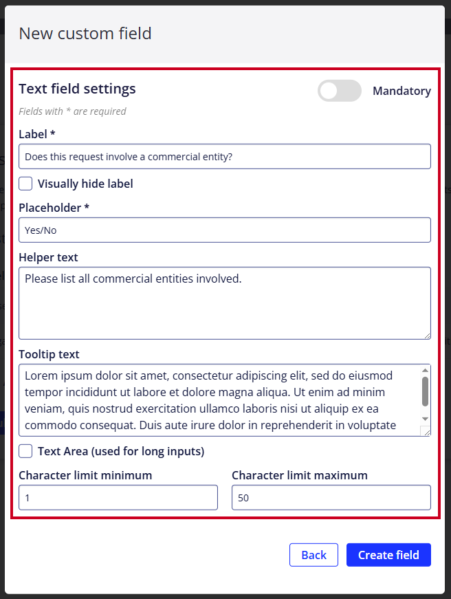 The optional 'Field Description' text field is highlighted on the 'New Custom Field' pop-up window.
