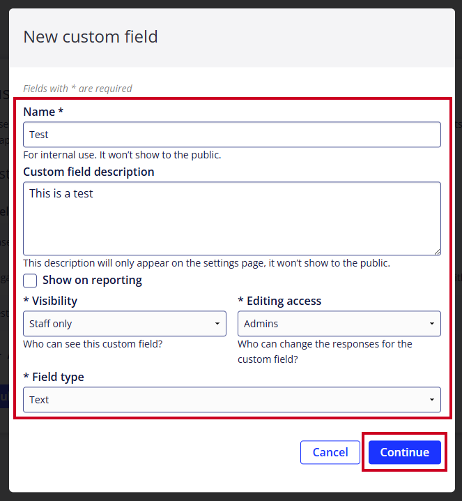 On the 'New Custom Field' pop-up window, the Field Name text field is selected.