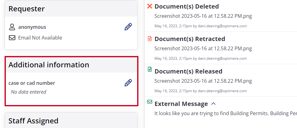 On the request's page, the Additional Information section is highlighted below the Requester section. The field 'case or cad number' has no data entered.