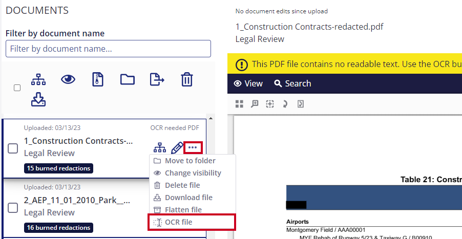 three dot icon on document - select OCR file from dropdown.