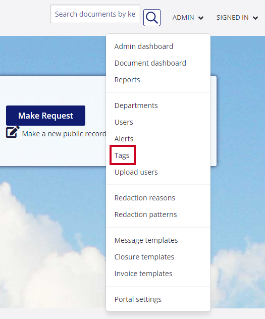 The Tags option is highlighted on the Admin drop-down menu.