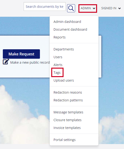 The Tags option is highlighted on the Admin drop-down menu.