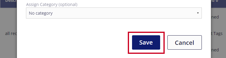 The blue Save button in highlighted below the Assign Category drop-down menu.