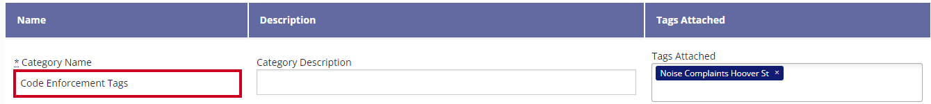 The category Name field is selected. The Name currently reads, 'Code Enforcement Tags'.