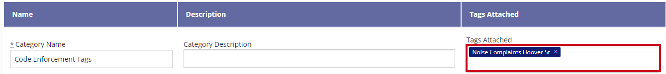 A Noise complaint tag is entered into the selected Tags Attached field.