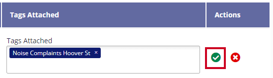 The circular green save button is highlighted next to the tags attached to the category.