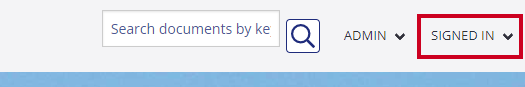 The Signed In drop-down menu is highlighted in the upper-right corner of the portal's dashboard, next to the Admin menu.